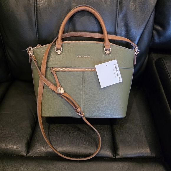 Anne Klein Handbags - Anne Klein Green Olive and Brown Satchel Bag NWT